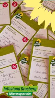 Heute war ein richtig guter Tag um mit Euch über Morgen zu reden. 
💚-lichen Dank, dass Ihr Euch Zeit zum schnacken genommen habt und vorbeigekommen seid.
Es war wieder richtig  schön, mit Euch darüber zu sprechen 🗣️, was ihr Euch von und für Grasberg wünscht. 
Eure Anliegen, wie „mehr Miteinander“ sind auch unsere!
Und klar werden wir sie mitnehmen für unsere politische Arbeit und auch in Euer Rathaus. 
 🌻

#grasberg 
#gemeinsamfürgrasberg 
#übermorgenreden 
#mehrmiteinander 
#grünegrasberg