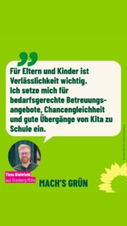 Unser Listenplatz 3: 
Timo Bielefeld, 
Jahrgang 1982, 
arbeitet als Event-Logistics-Manager, 
lebt mit seiner Familie seit vielen Jahren in Grasberg.
🌻
Seine Kinder wachsen hier auf. 
Timo begleitet sie aktiv dabei. 
Von Anfang an engagiert er sich zusammen mit seiner jungen Familie in Grasberg, fühlt sich hier wohl und ist mit vielen Menschen im persönlichen Kontakt. 
🌻
Gerne hat er auch das Amt des  Schulelternratsvorsitzender übernommen und dabei auch das Thema  offener Ganztag im Arbeitskreis von Anfang an begleitet. 
Er weiß um die Wichtigkeit von Vereinbarkeit von Familie und Beruf und kennt die Verbindung zu Verwaltung und Politik. 
Der Einblick den er bisher hatte,  hat ihn bewegt jetzt auch politisch aktiv zu werden. Aus Gründen als Grüner….aber hört selbst was er sagt und was er schreibt…
🌻
Timo hört zu, macht sich sein Bild und hat Energie, um auch in schwierigen Situationen bedürfnisorientiert und vermittelnd zu arbeiten um gute Ergebnisse für alle Beteiligten zu erzielen. 
Wichtig ist ihm dabei immer eine gute Kommunikation. 
🌻
Er ist bereit, den Schritt in den Gemeinderat zu machen und dabei interessiert an verantwortungsvoller Ratsarbeit für alle Generationen und Menschen, die in Grasberg leben. 
Wir finden das stark und unterstützen seine Kandidatur💪🏼
Vielleicht möchtet ihr das auch? 
Dann macht’s grün! 
🌻
#gemeinsamfürgrasberg 
#grasberg 
#jugend
#familienfreundlichesgrasberg 
#schule