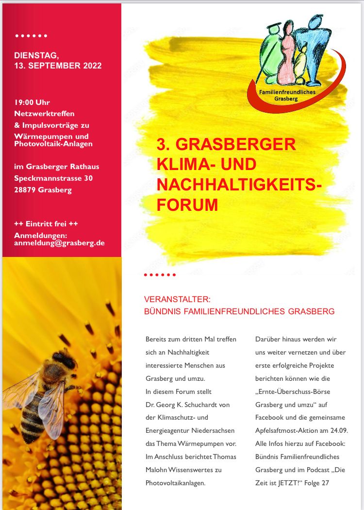 „save the date“ das Bündnis Familienfreundliches Grasberg lädt zum 3. Grasberger Klima- und Nachhaltigkeitsforum ein.