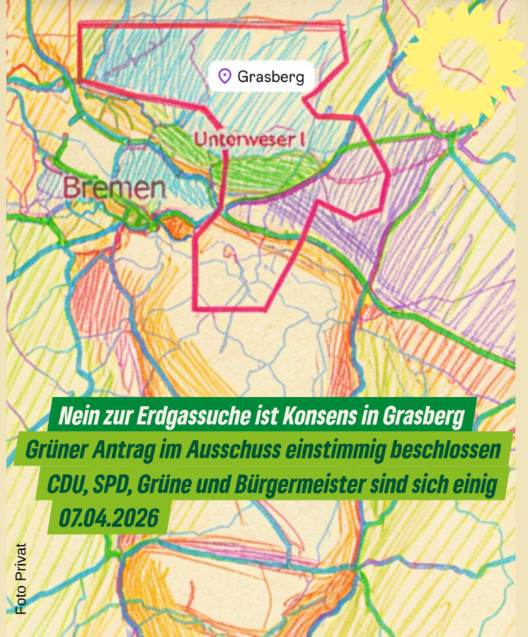 Nein zur Erdgassuche ist Konsens in Grasberg/Grüner Antrag im Ausschuss einstimmig beschlossen/CDU, SPD, Grüne und Bürgermeister sind sich einig